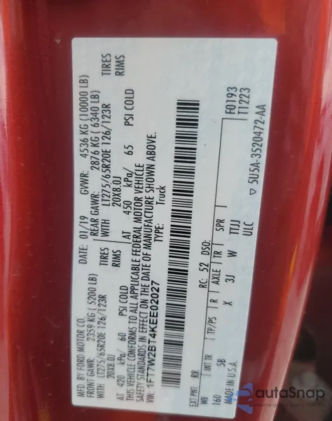 2019 Ford F250 Super Duty from USA, damaged, VIN 1FT7W2BT4KEE02027